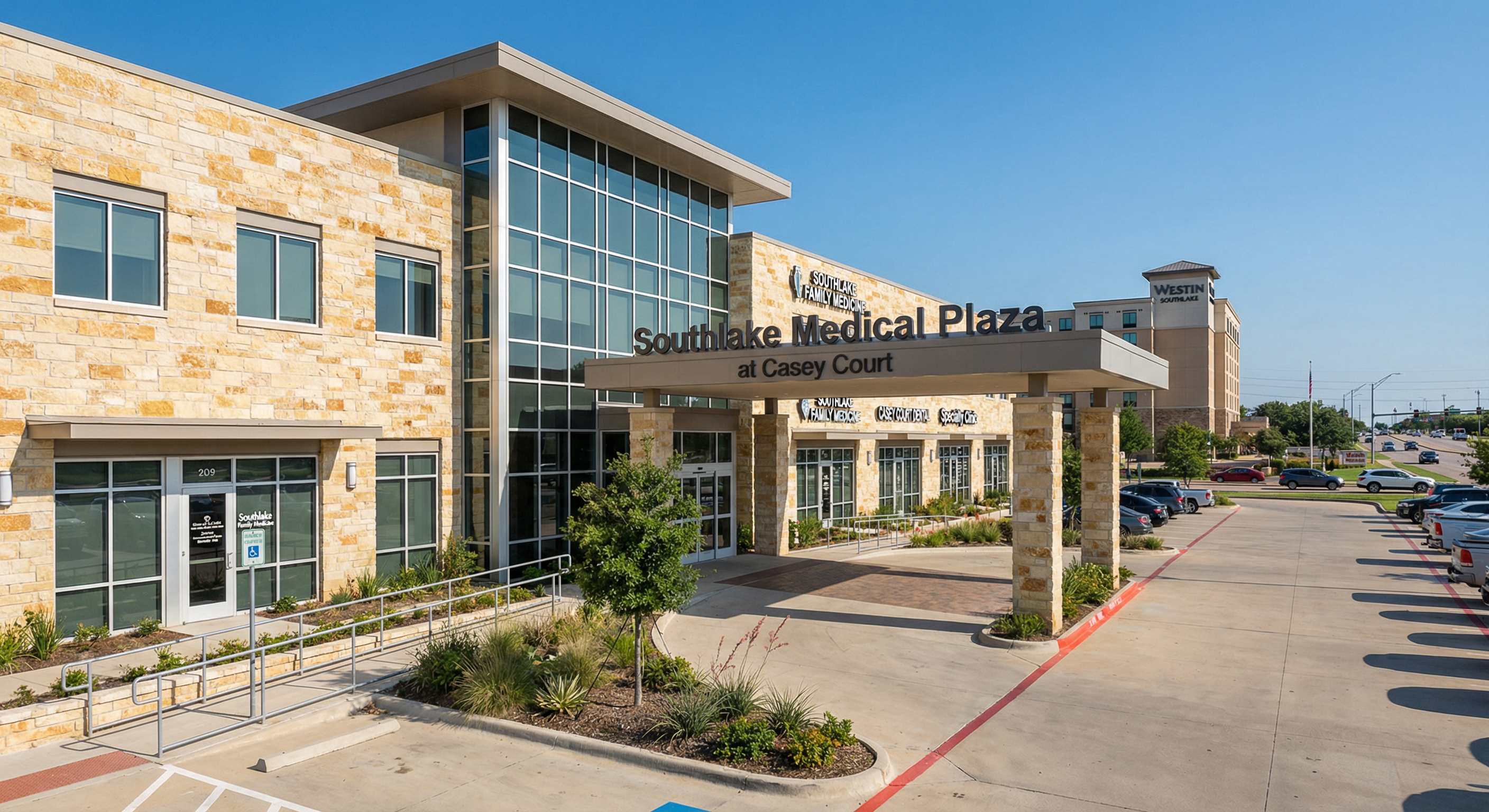 Photorealistic rendering of Southlake Medical Plaza at Casey Court, 3-story medical pavilion with limestone facade, covered patient entrance, adjacent to Westin Hotel