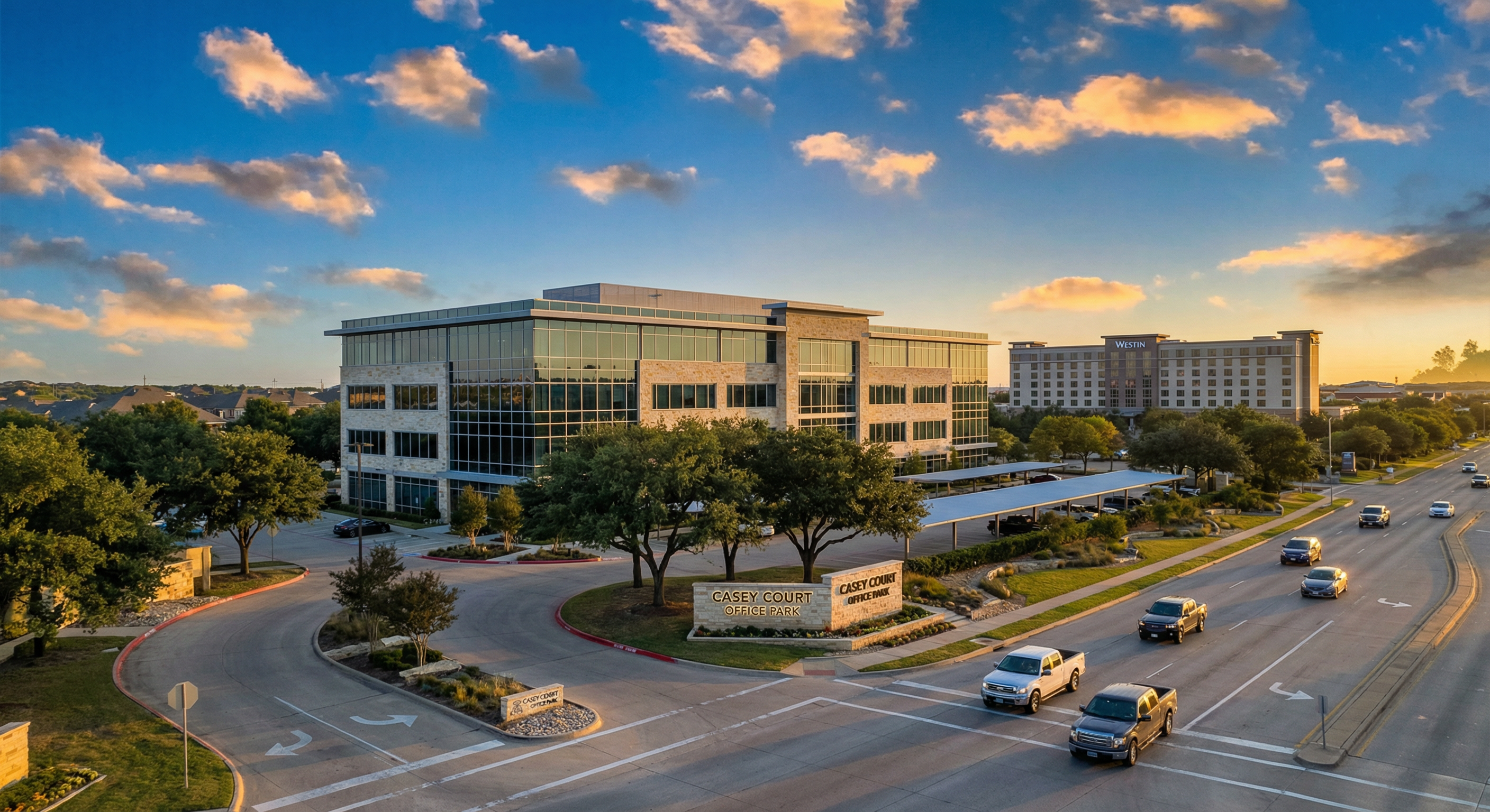 Photorealistic rendering of Class A corporate office building at Casey Court, 3-story glass and limestone modern design, adjacent to Westin Hotel in Southlake, Texas