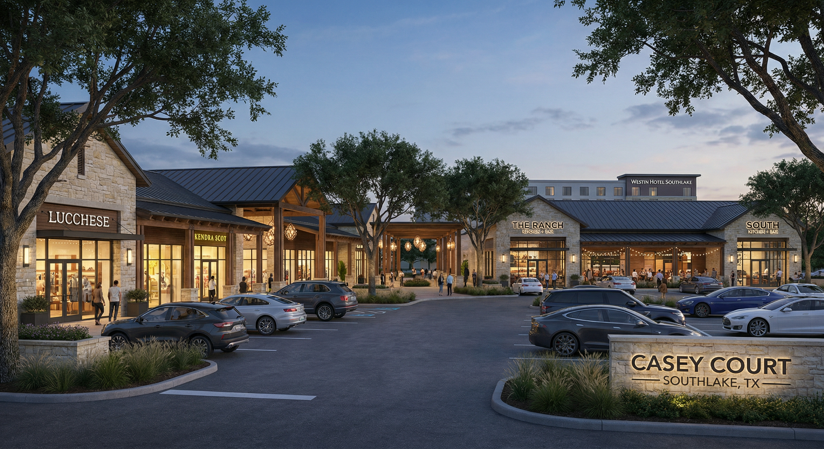 Photorealistic rendering of upscale retail and restaurant village at Casey Court, featuring Lucchese, Kendra Scott, The Ranch restaurant, Texas Hill Country architecture, evening ambiance