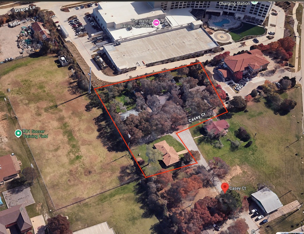 Carroll Oaks property boundary satellite view showing 4 lots adjacent to Westin Southlake Hotel, Southlake TX 76092